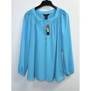NEW Investments Women's Size 1X Blue Gathered Neckline Career Top Long Sleeves